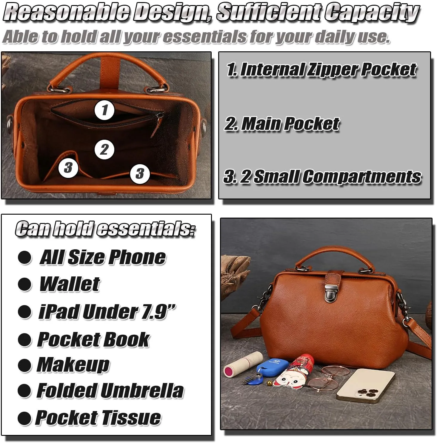 Ladies Genuine Leather Handbag Classic Solid Color Shoulder Bag for Women Doctor Style Small Crossbody Bag, Brown