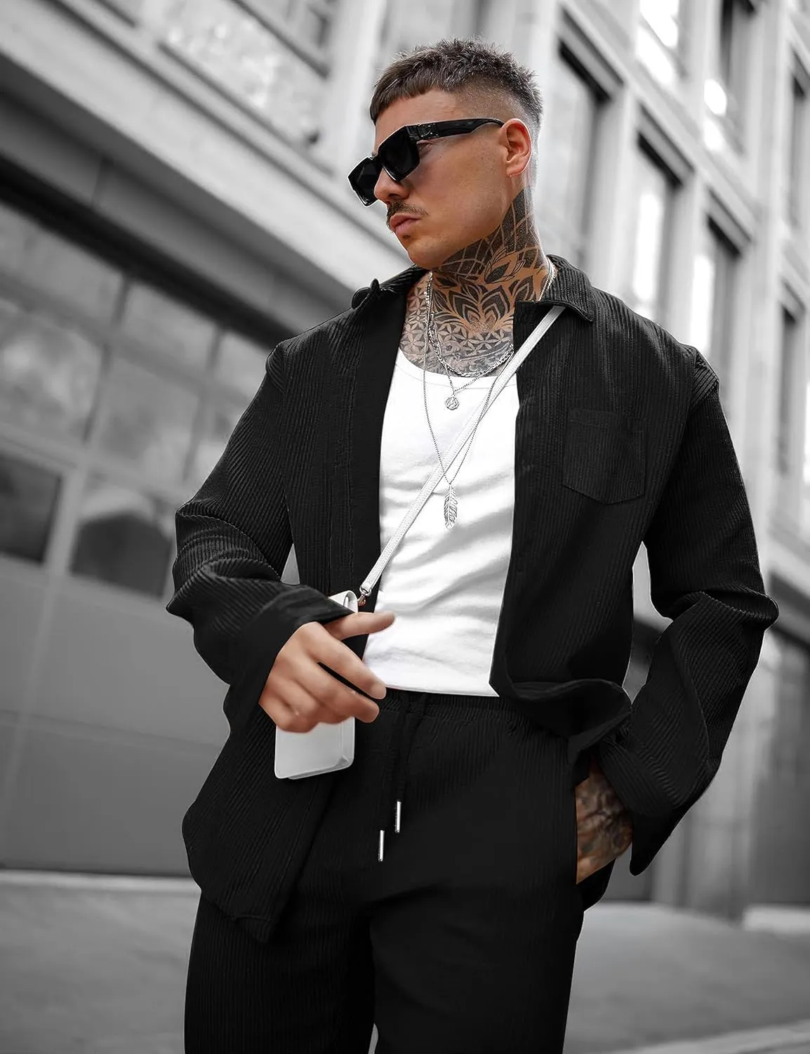 LecGee Men's 2 Piece Corduroy Shacket and Pants Outfits Long Sleeve Causal Autumn Winter Jacket Tracksuit Overshirt Set