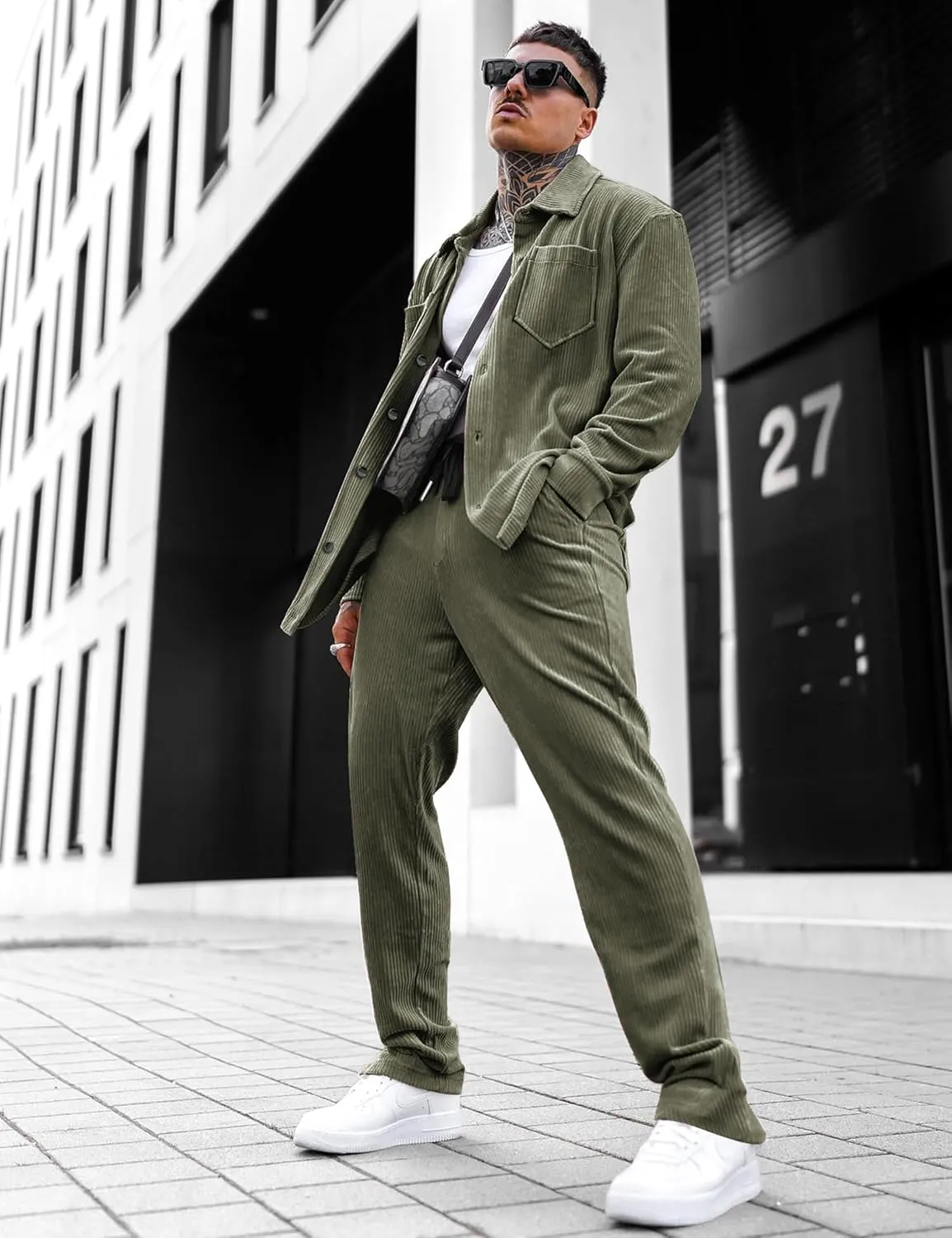 LecGee Men's 2 Piece Corduroy Shacket and Pants Outfits Long Sleeve Causal Autumn Winter Jacket Tracksuit Overshirt Set