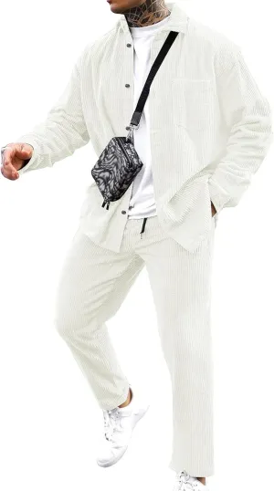 LecGee Men's 2 Piece Corduroy Shacket and Pants Outfits Long Sleeve Causal Autumn Winter Jacket Tracksuit Overshirt Set