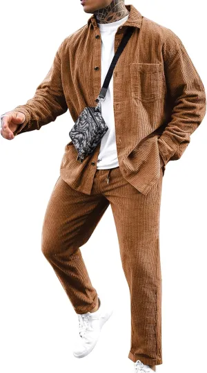 LecGee Men's 2 Piece Corduroy Shacket and Pants Outfits Long Sleeve Causal Autumn Winter Jacket Tracksuit Overshirt Set