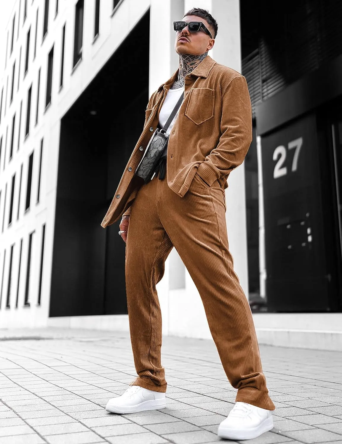 LecGee Men's 2 Piece Corduroy Shacket and Pants Outfits Long Sleeve Causal Autumn Winter Jacket Tracksuit Overshirt Set