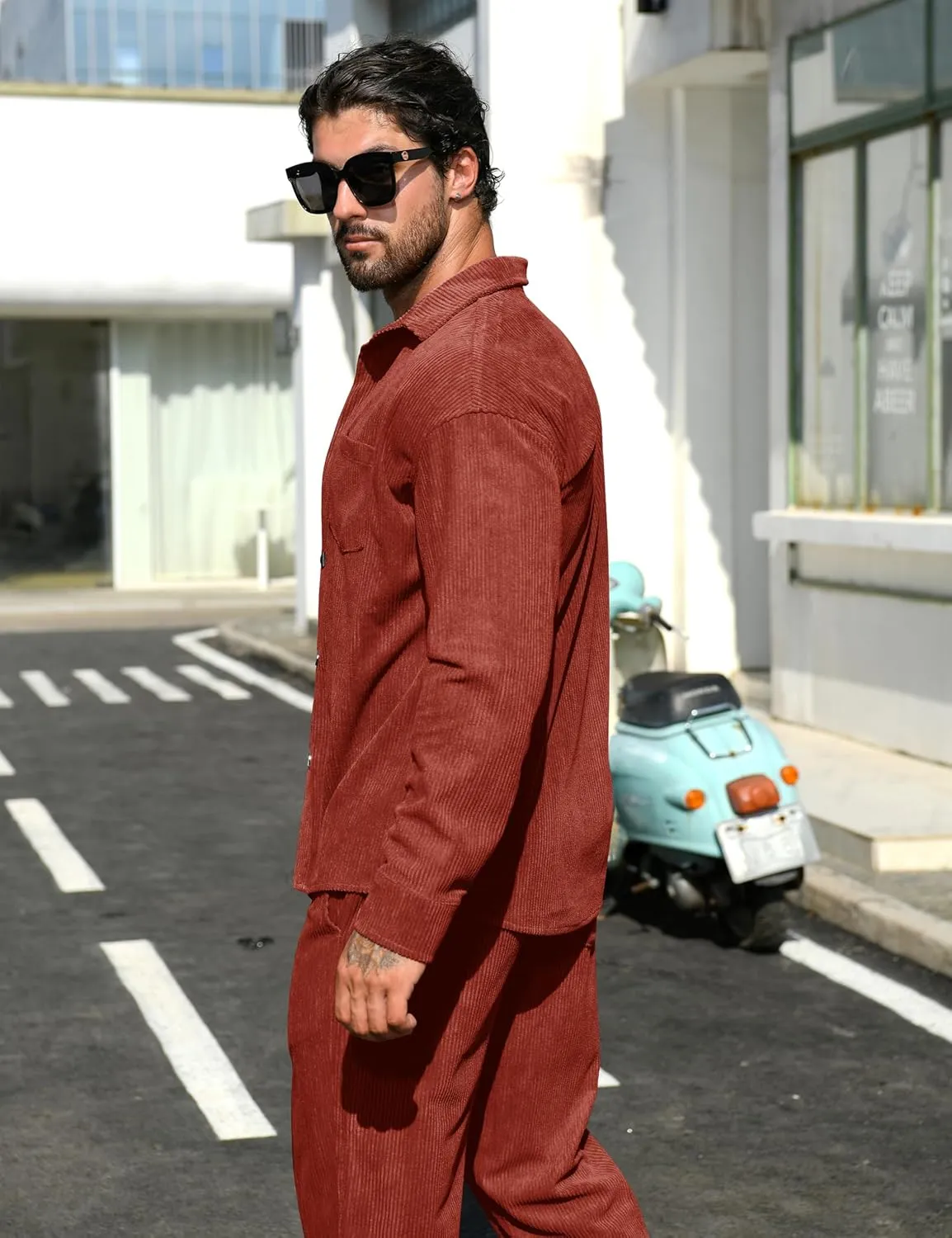 LecGee Men's 2 Piece Corduroy Shacket and Pants Outfits Long Sleeve Causal Autumn Winter Jacket Tracksuit Overshirt Set