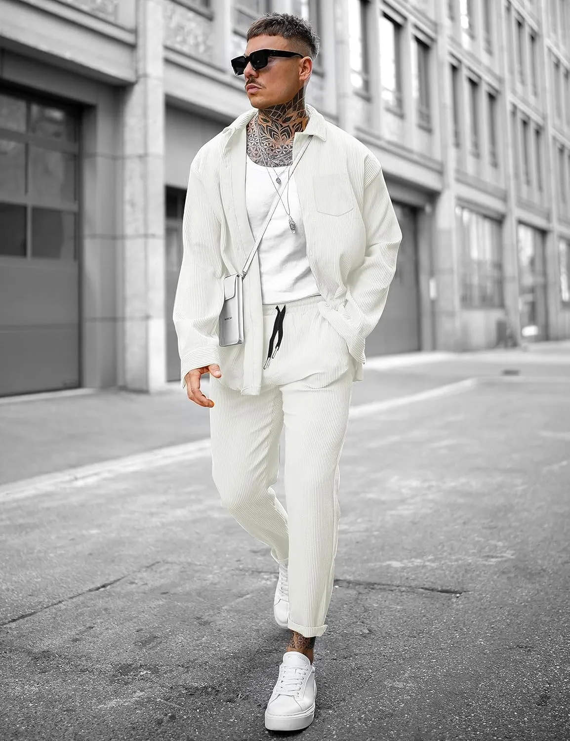 LecGee Men's 2 Piece Corduroy Shacket and Pants Outfits Long Sleeve Causal Autumn Winter Jacket Tracksuit Overshirt Set