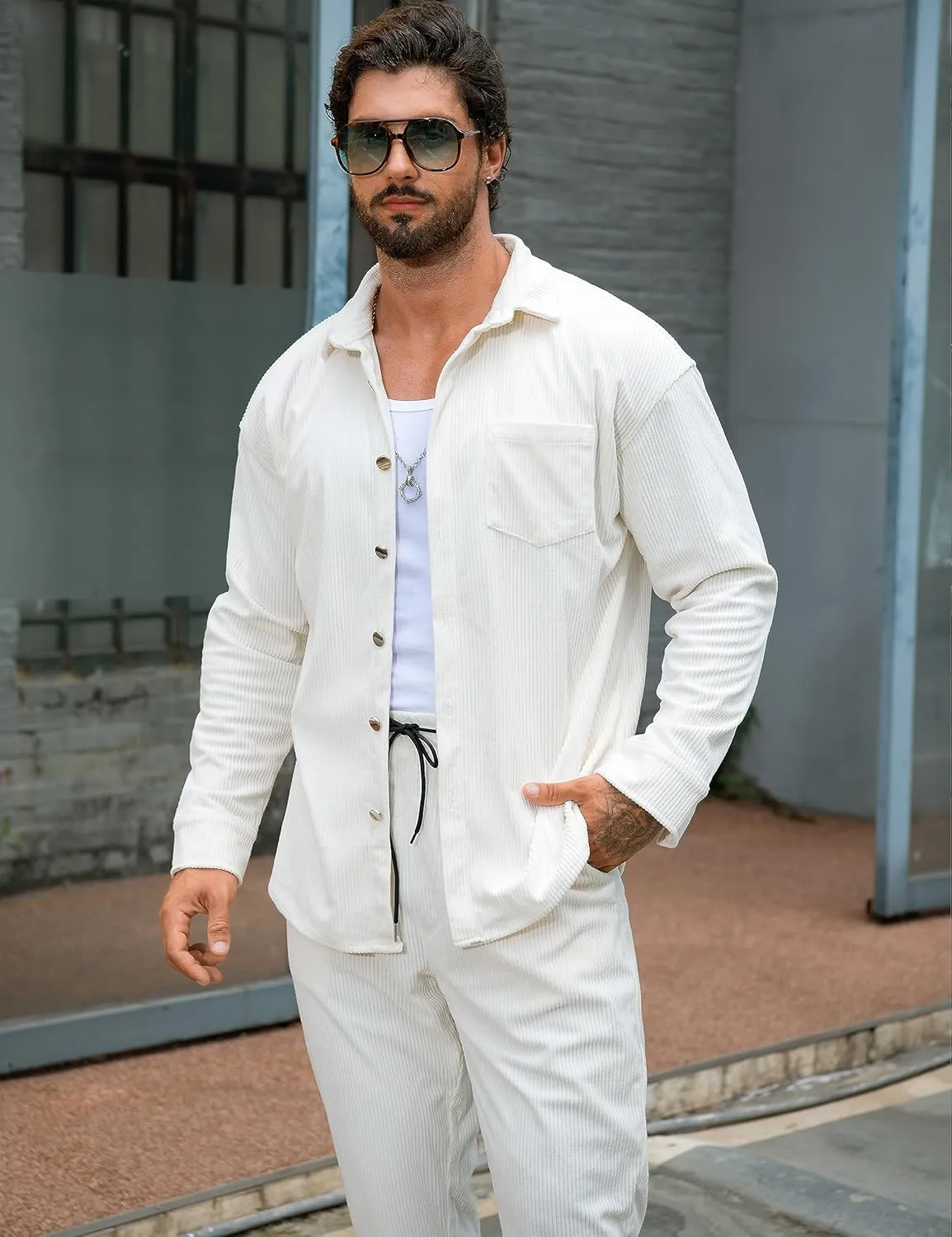 LecGee Men's 2 Piece Corduroy Shacket and Pants Outfits Long Sleeve Causal Autumn Winter Jacket Tracksuit Overshirt Set