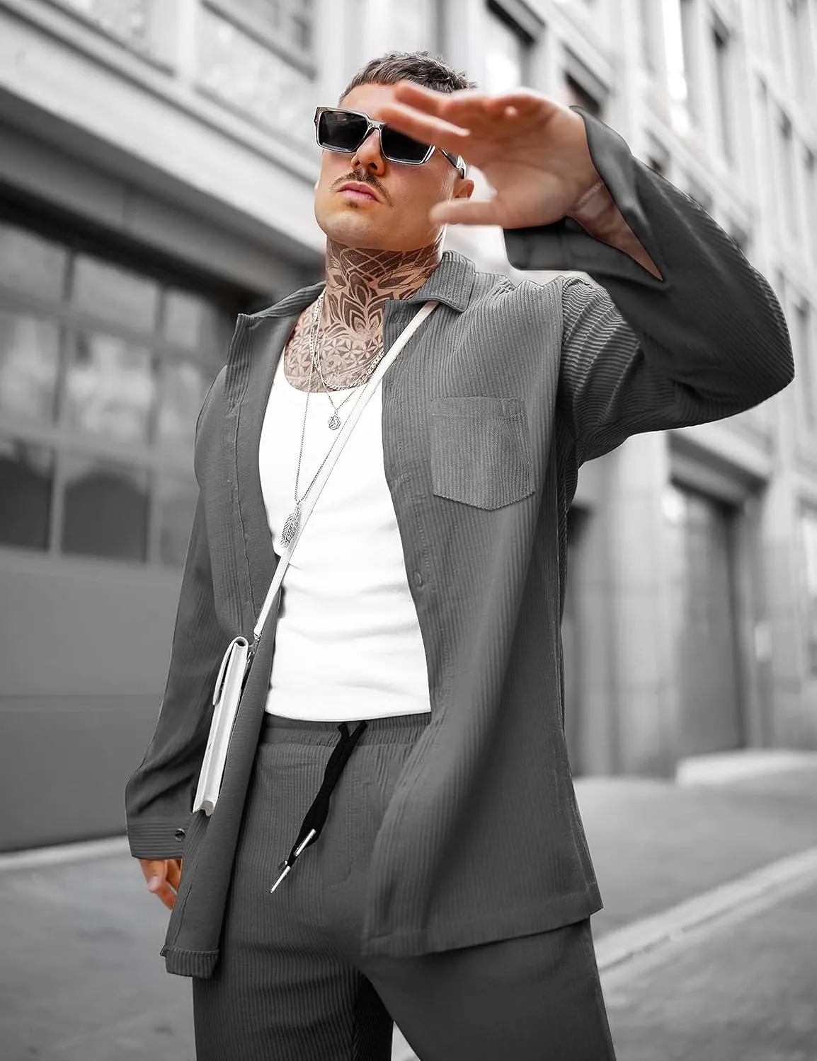 LecGee Men's 2 Piece Corduroy Shacket and Pants Outfits Long Sleeve Causal Autumn Winter Jacket Tracksuit Overshirt Set