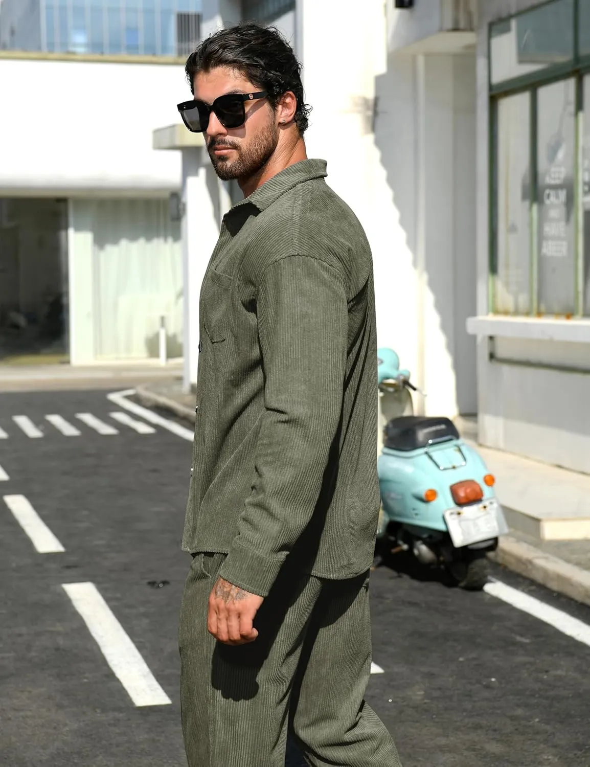 LecGee Men's 2 Piece Corduroy Shacket and Pants Outfits Long Sleeve Causal Autumn Winter Jacket Tracksuit Overshirt Set