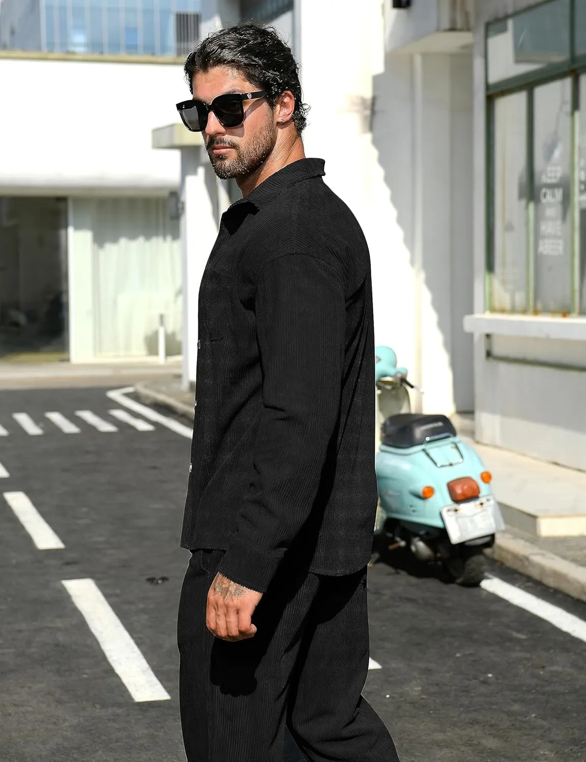 LecGee Men's 2 Piece Corduroy Shacket and Pants Outfits Long Sleeve Causal Autumn Winter Jacket Tracksuit Overshirt Set