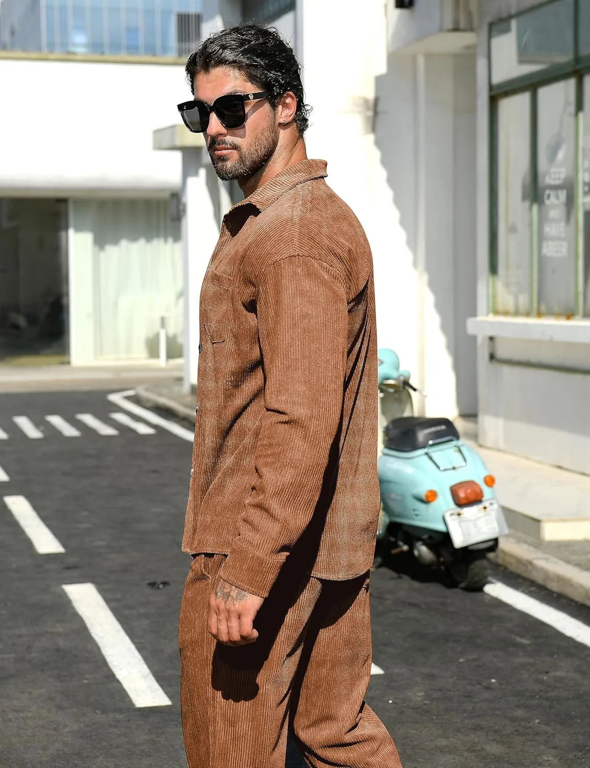 LecGee Men's 2 Piece Corduroy Shacket and Pants Outfits Long Sleeve Causal Autumn Winter Jacket Tracksuit Overshirt Set
