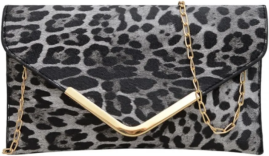 Leopard Print Purse for Women Fashion Envelope Clutch with Metal Chain Crossbody Evening Clutch for Wedding Party