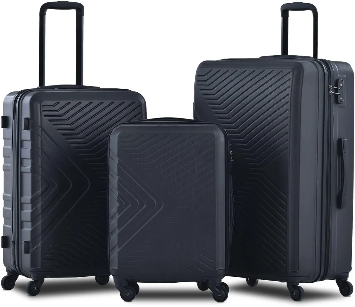 Lightweight 3 Piece Luggage Set for Stress-Free Travel, Durable Hard Shell with TSA Lock, Spinner Wheels, Black (20/24/28)