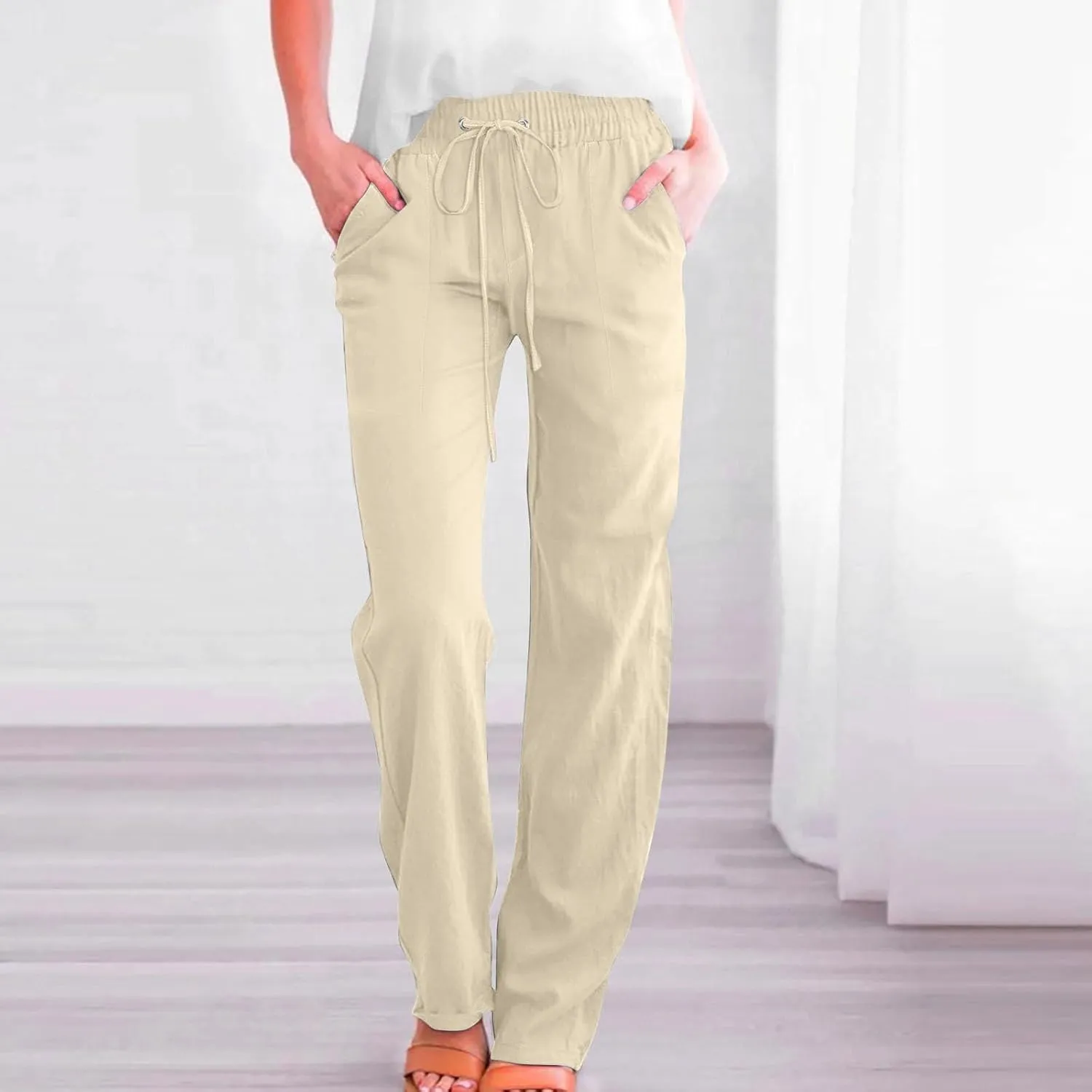Linen Capris for Women Wide Leg Pants Drawstring Elastic Waist Pants High Waisted Casual Beach Trousers Crop