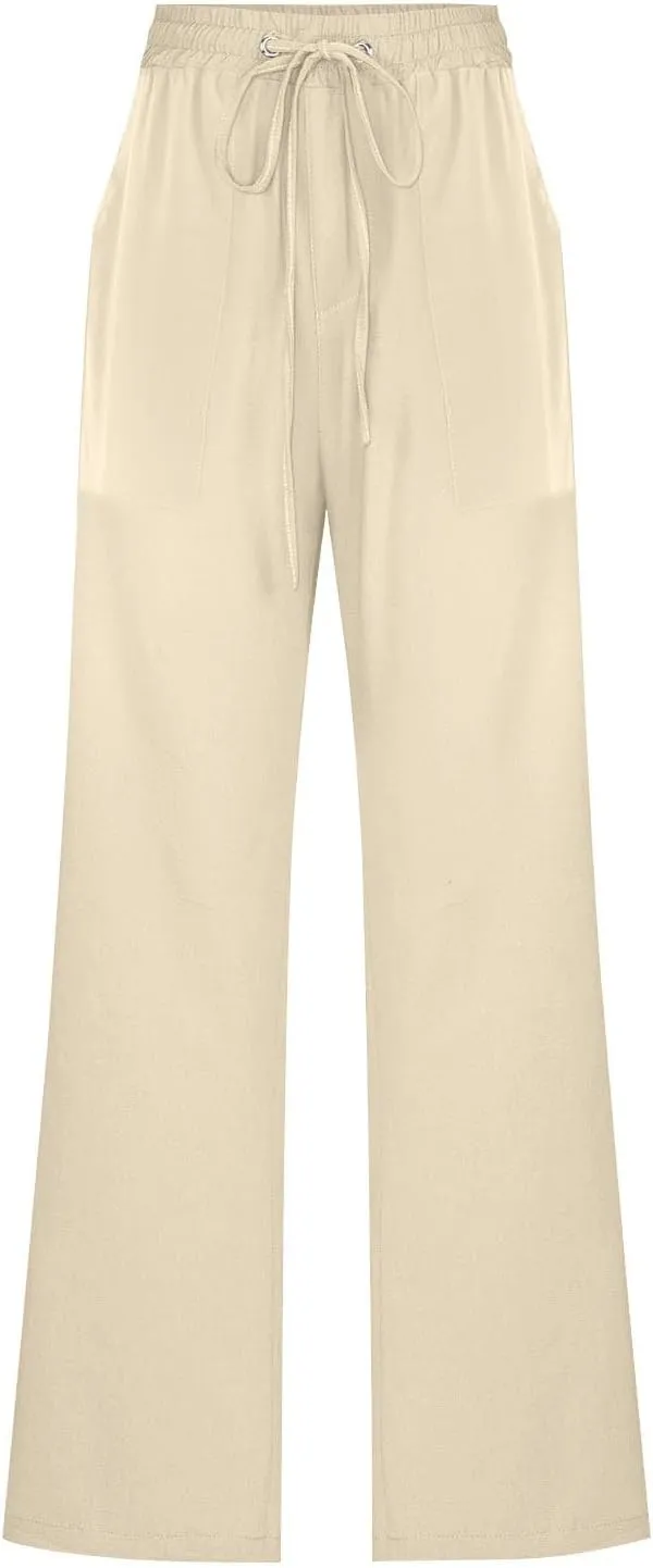 Linen Capris for Women Wide Leg Pants Drawstring Elastic Waist Pants High Waisted Casual Beach Trousers Crop