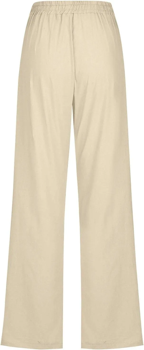Linen Capris for Women Wide Leg Pants Drawstring Elastic Waist Pants High Waisted Casual Beach Trousers Crop