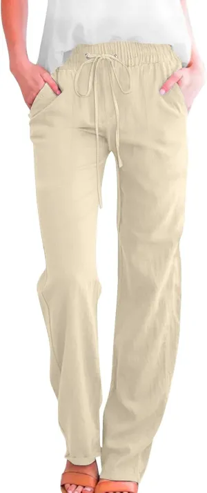 Linen Capris for Women Wide Leg Pants Drawstring Elastic Waist Pants High Waisted Casual Beach Trousers Crop