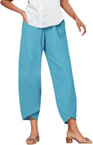 Linen Pants Women Casual Summer Capris Lightweight Cropped Pant Baggy Palazzo Pants Soft Wide Leg Trousers Pants with Pockets, Small, #A3-blue