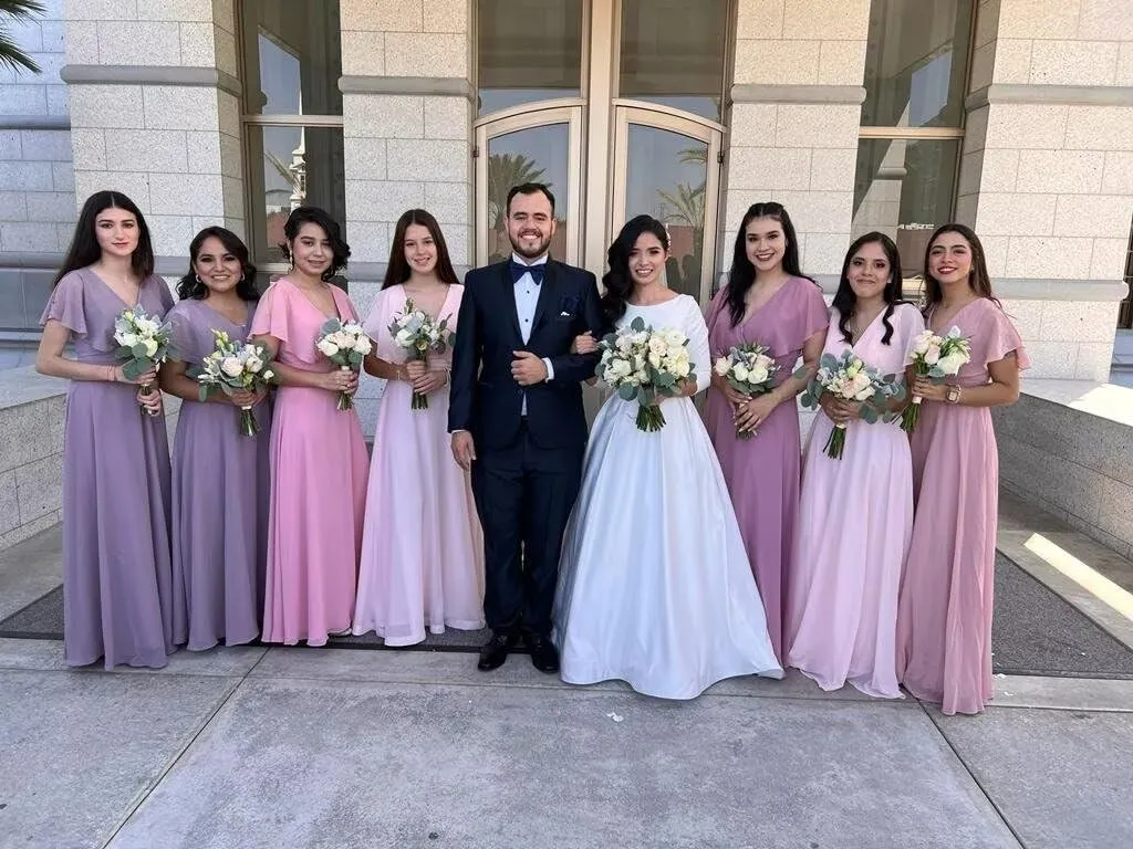 Long Chiffon Bridesmaid Dresses for Women V Neck Ruffled Split Long Formal Evening Dress