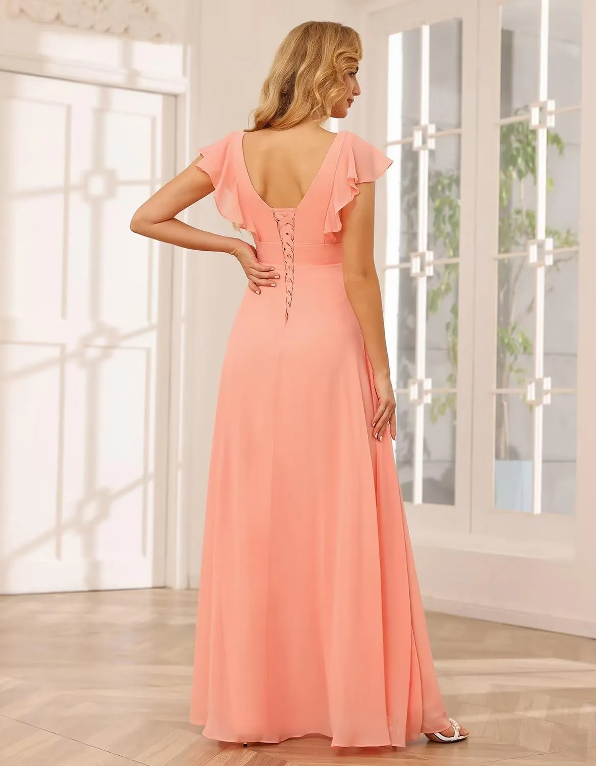 Long Chiffon Bridesmaid Dresses for Women V Neck Ruffled Split Long Formal Evening Dress