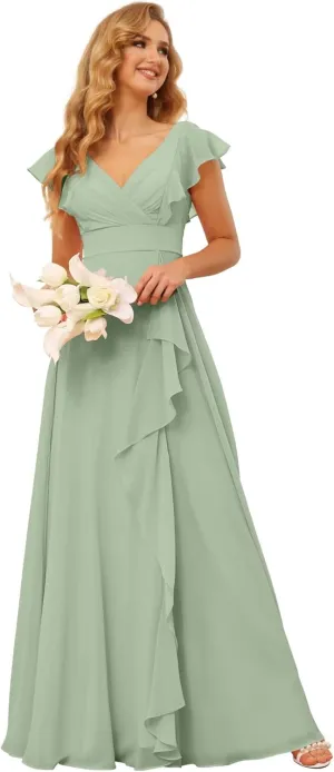 Long Chiffon Bridesmaid Dresses for Women V Neck Ruffled Split Long Formal Evening Dress