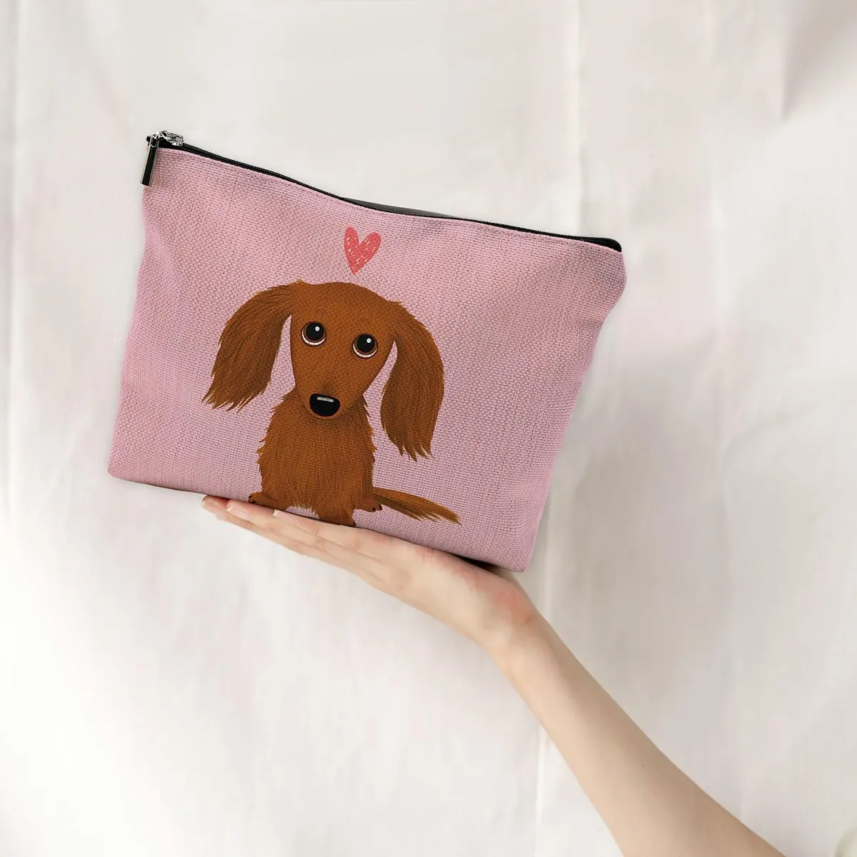 Long-Haired Dachshund Cartoon Wiener Dog Heart Makeup Bag Travel Cosmetic Bags,Funny Dachshund Puppy Dog Cosmetic Makeup Bags With Zipper Pouch Travel Toiletry Case,Dachshun,Pink Cosmetic Bag