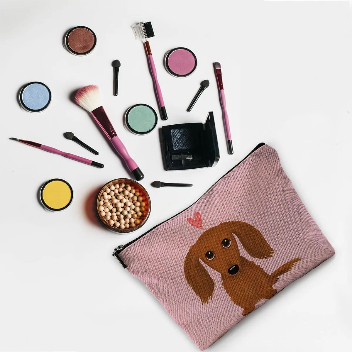 Long-Haired Dachshund Cartoon Wiener Dog Heart Makeup Bag Travel Cosmetic Bags,Funny Dachshund Puppy Dog Cosmetic Makeup Bags With Zipper Pouch Travel Toiletry Case,Dachshun,Pink Cosmetic Bag