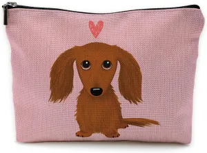 Long-Haired Dachshund Cartoon Wiener Dog Heart Makeup Bag Travel Cosmetic Bags,Funny Dachshund Puppy Dog Cosmetic Makeup Bags With Zipper Pouch Travel Toiletry Case,Dachshun,Pink Cosmetic Bag