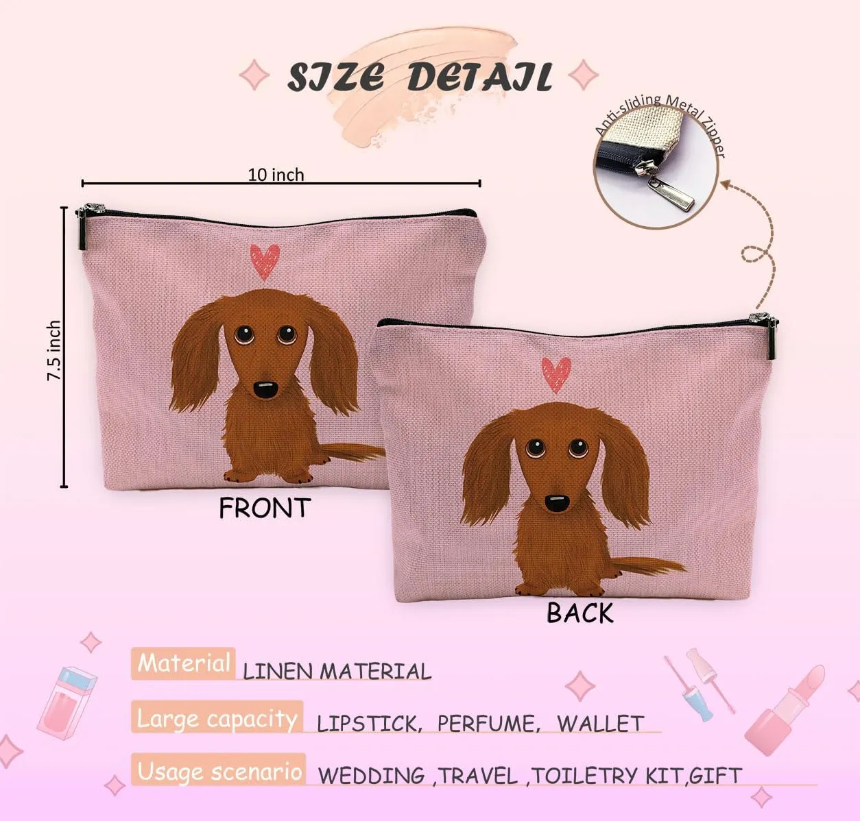 Long-Haired Dachshund Cartoon Wiener Dog Heart Makeup Bag Travel Cosmetic Bags,Funny Dachshund Puppy Dog Cosmetic Makeup Bags With Zipper Pouch Travel Toiletry Case,Dachshun,Pink Cosmetic Bag