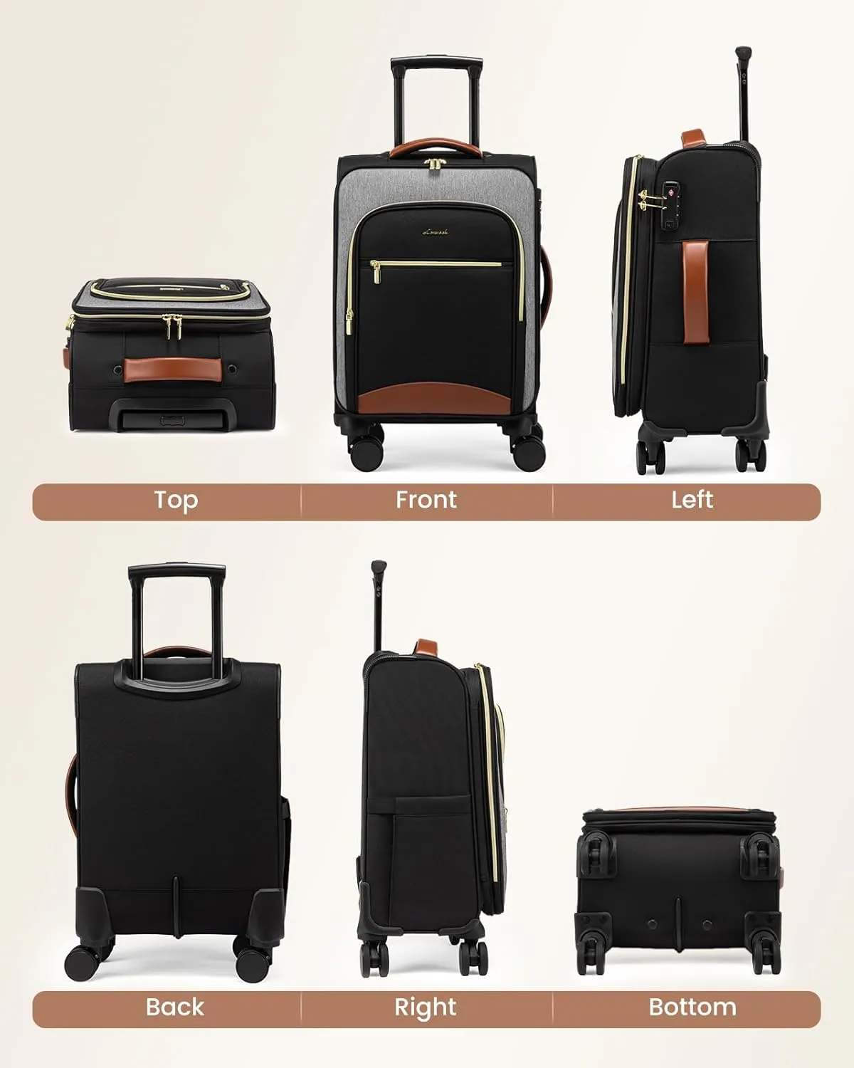 LOVEVOOK Carry On Luggage 22x14x9 Airline Approved with Spinner Wheels, 20 Inch Softside Suitcases, Lightweight Rolling Travel Carry on Suitcase with TSA Lock for Women Men, Black-gray-brown