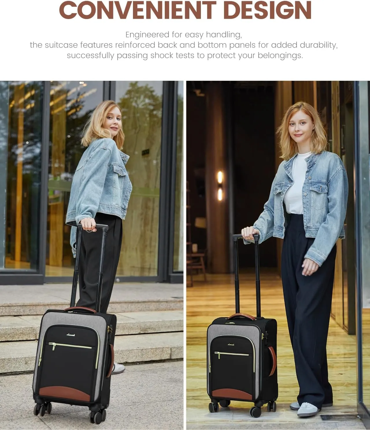 LOVEVOOK Carry On Luggage 22x14x9 Airline Approved with Spinner Wheels, 20 Inch Softside Suitcases, Lightweight Rolling Travel Carry on Suitcase with TSA Lock for Women Men, Black-gray-brown