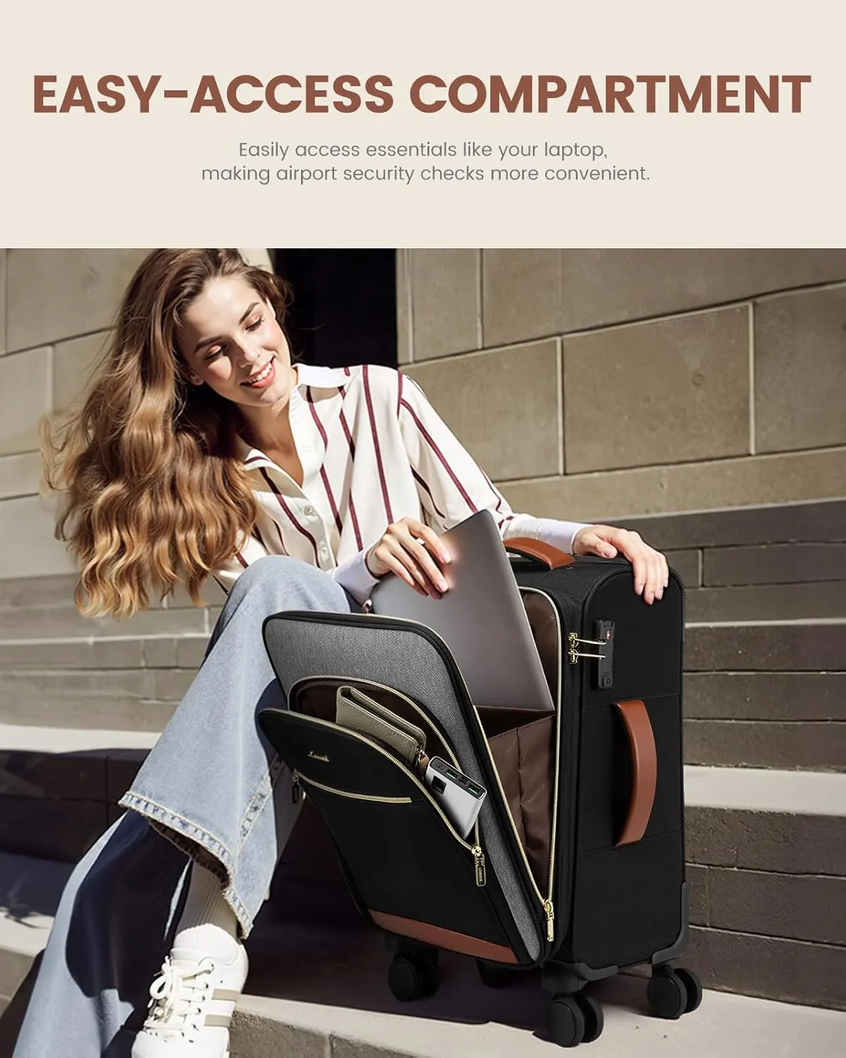 LOVEVOOK Carry On Luggage 22x14x9 Airline Approved with Spinner Wheels, 20 Inch Softside Suitcases, Lightweight Rolling Travel Carry on Suitcase with TSA Lock for Women Men, Black-gray-brown
