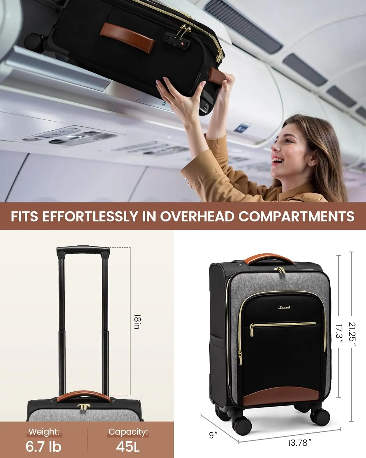 LOVEVOOK Carry On Luggage 22x14x9 Airline Approved with Spinner Wheels, 20 Inch Softside Suitcases, Lightweight Rolling Travel Carry on Suitcase with TSA Lock for Women Men, Black-gray-brown