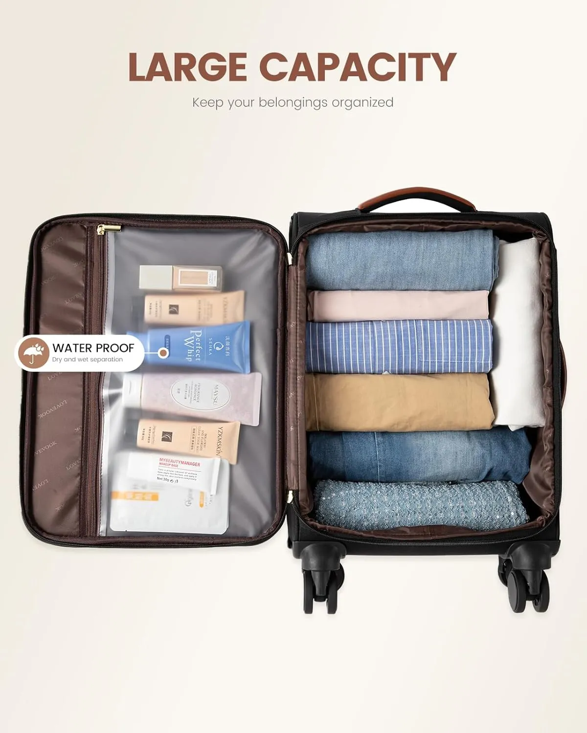 LOVEVOOK Carry On Luggage 22x14x9 Airline Approved with Spinner Wheels, 20 Inch Softside Suitcases, Lightweight Rolling Travel Carry on Suitcase with TSA Lock for Women Men, Black-gray-brown