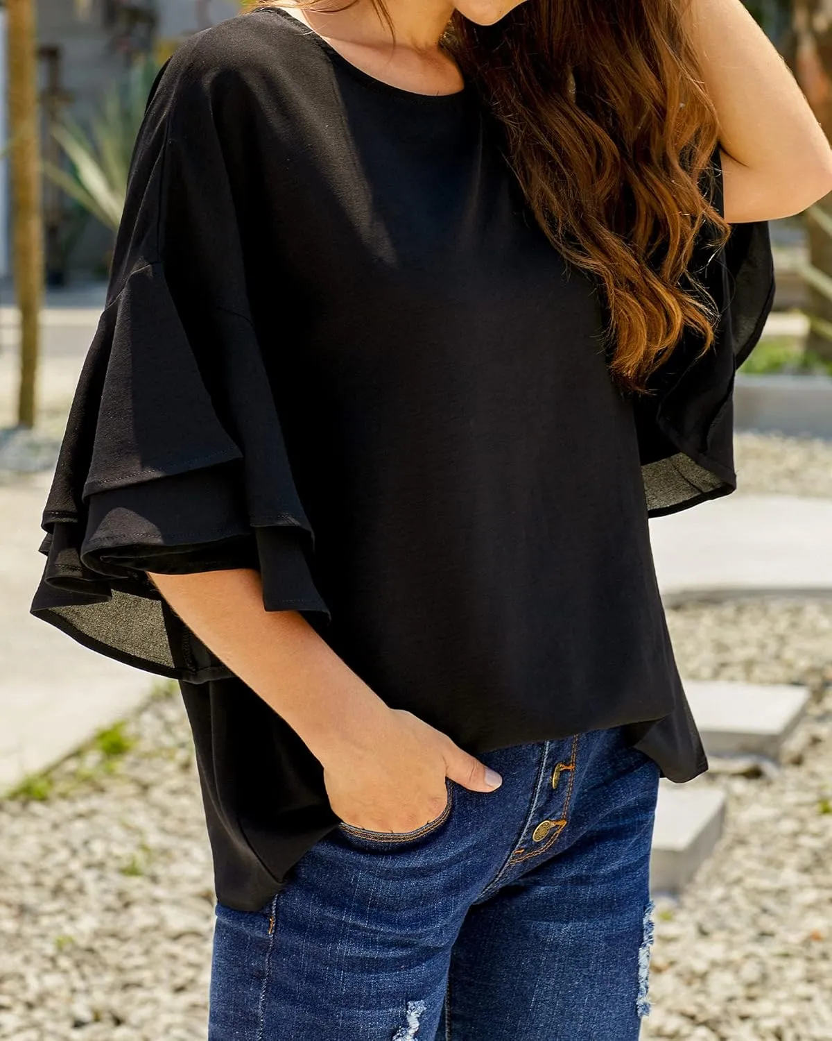 luvamia Women's Casual 3/4 Tiered Bell Sleeve Crewneck Loose Tops Blouses Shirt