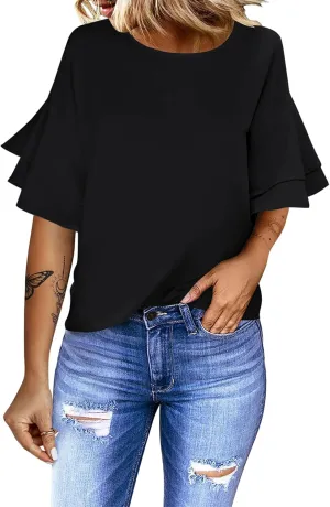 luvamia Women's Casual 3/4 Tiered Bell Sleeve Crewneck Loose Tops Blouses Shirt