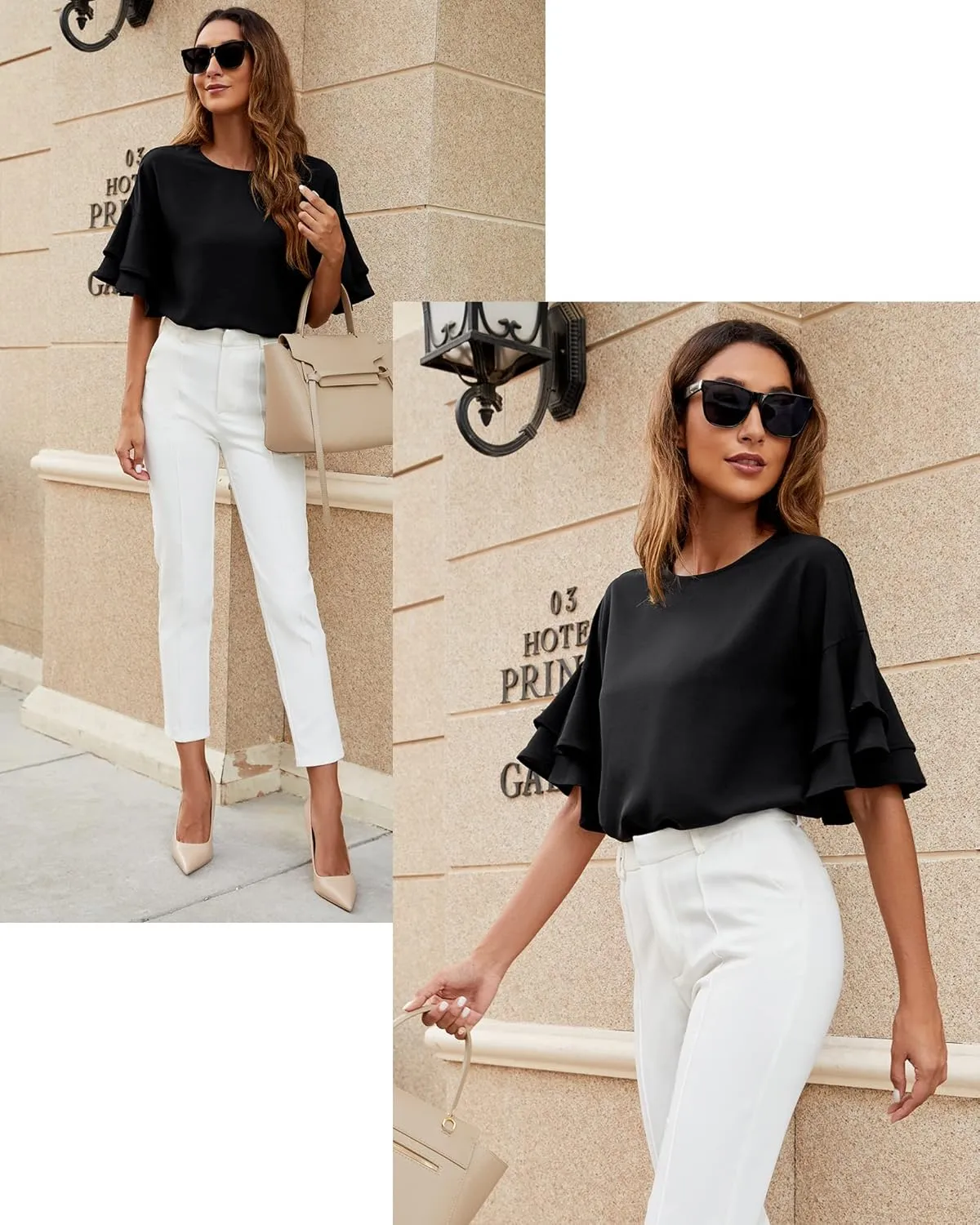 luvamia Women's Casual 3/4 Tiered Bell Sleeve Crewneck Loose Tops Blouses Shirt