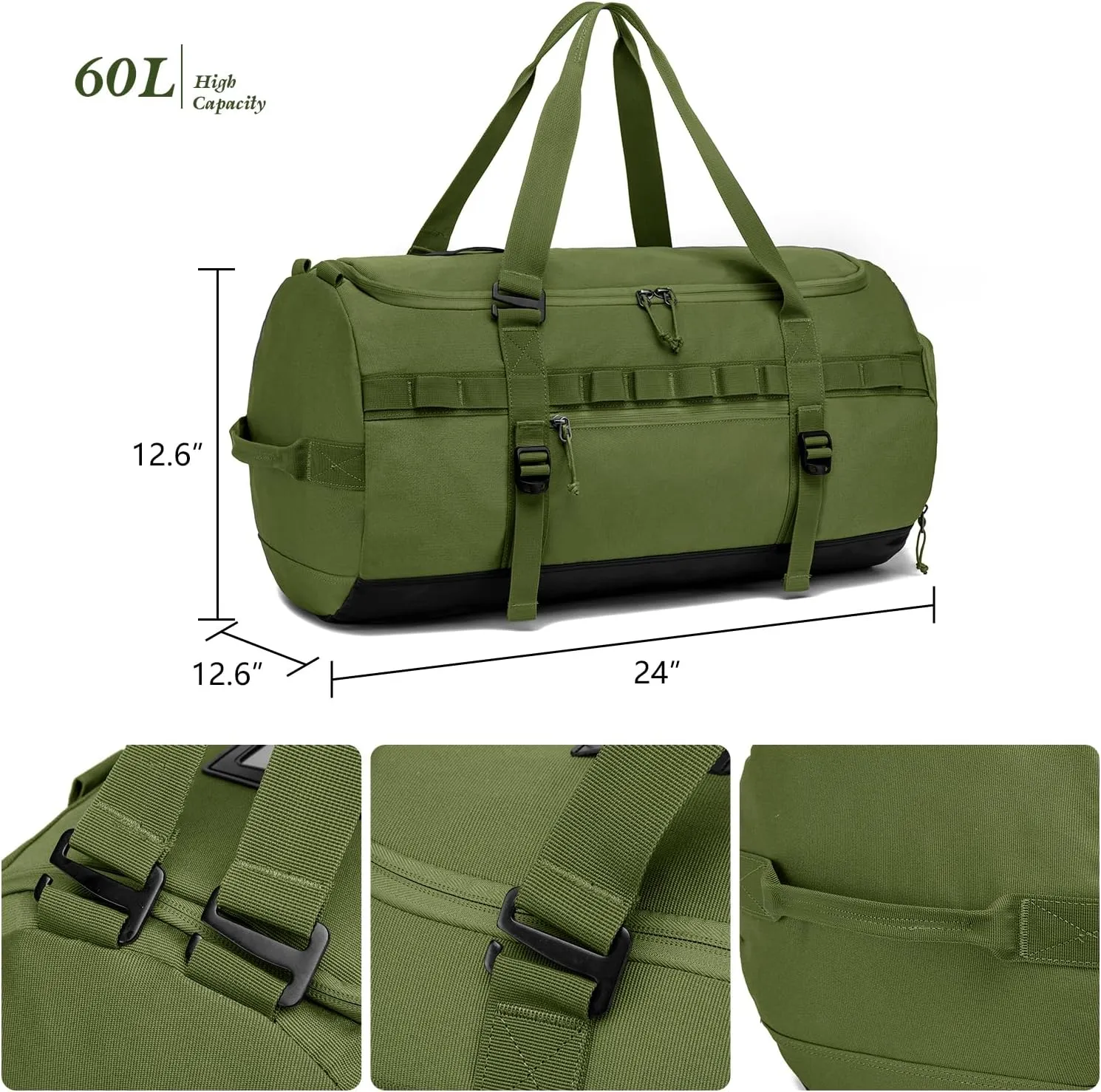 Lyweem Sports Gym Bag Men - Large 60L Tactical Travel Duffle Bag with Shoe Compartment Women, Weekender Backpack, Overnight Duffel Bag, Green