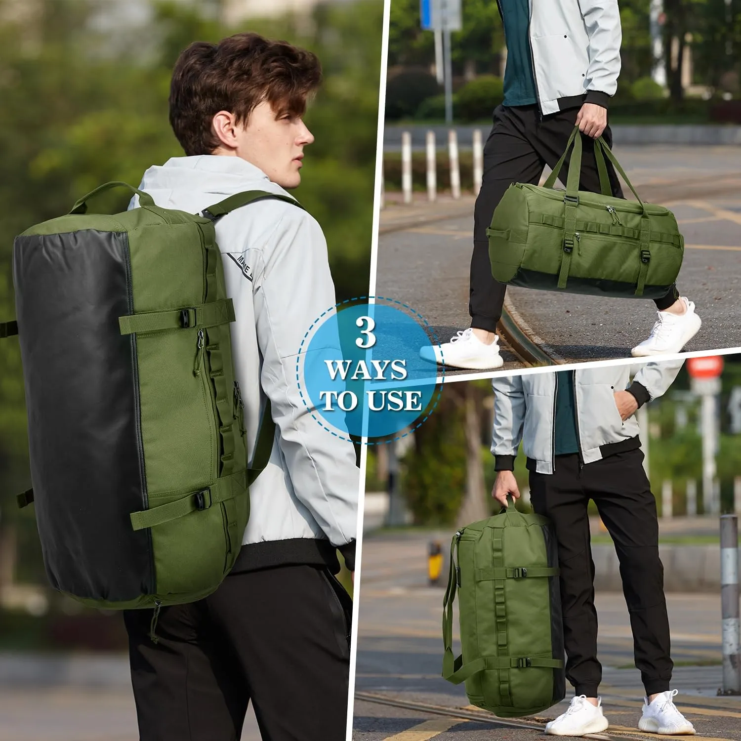 Lyweem Sports Gym Bag Men - Large 60L Tactical Travel Duffle Bag with Shoe Compartment Women, Weekender Backpack, Overnight Duffel Bag, Green