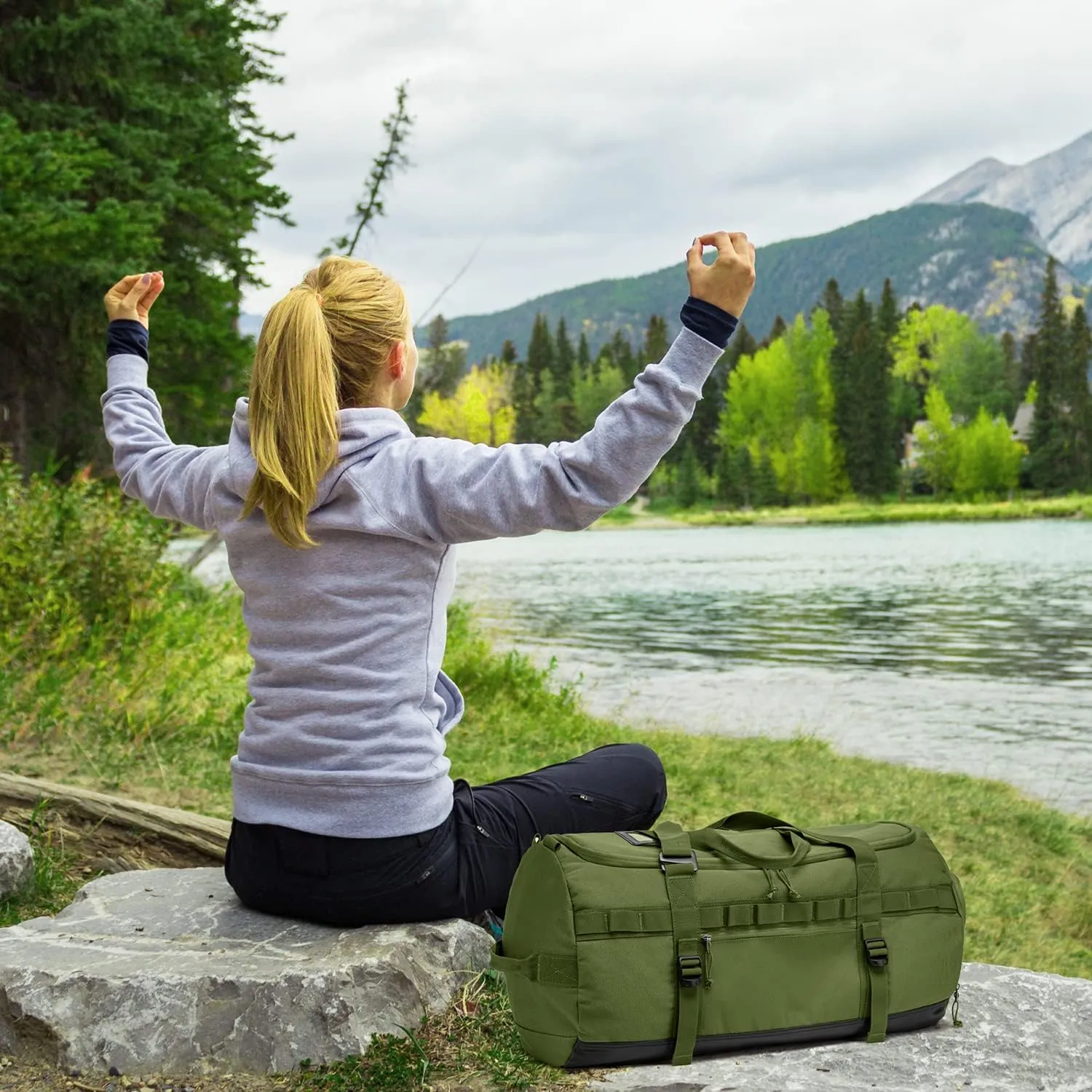 Lyweem Sports Gym Bag Men - Large 60L Tactical Travel Duffle Bag with Shoe Compartment Women, Weekender Backpack, Overnight Duffel Bag, Green