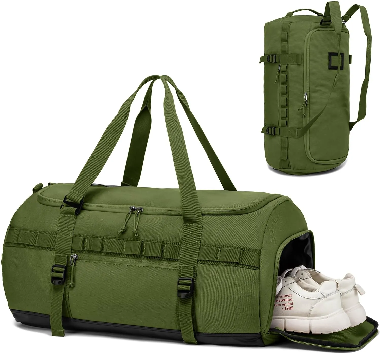 Lyweem Sports Gym Bag Men - Large 60L Tactical Travel Duffle Bag with Shoe Compartment Women, Weekender Backpack, Overnight Duffel Bag, Green