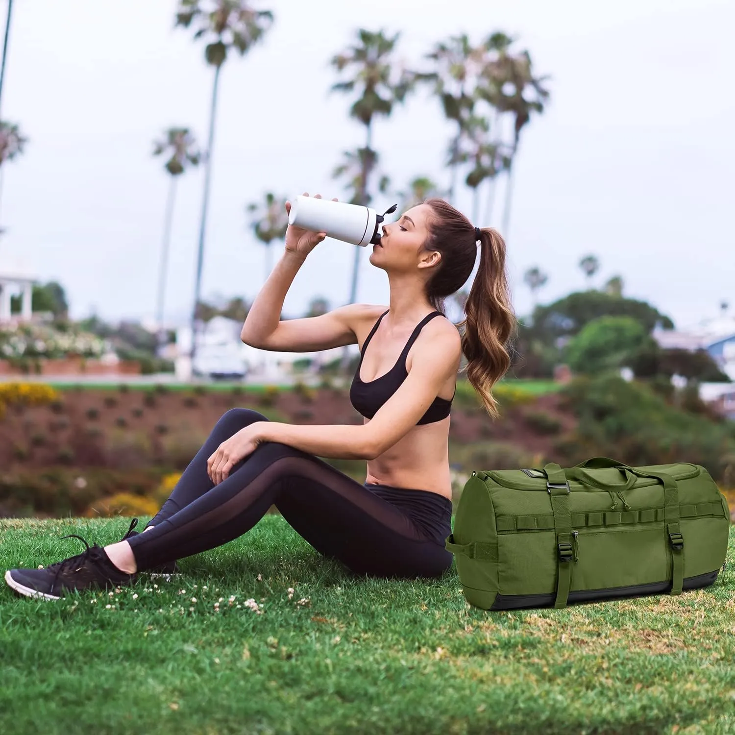 Lyweem Sports Gym Bag Men - Large 60L Tactical Travel Duffle Bag with Shoe Compartment Women, Weekender Backpack, Overnight Duffel Bag, Green