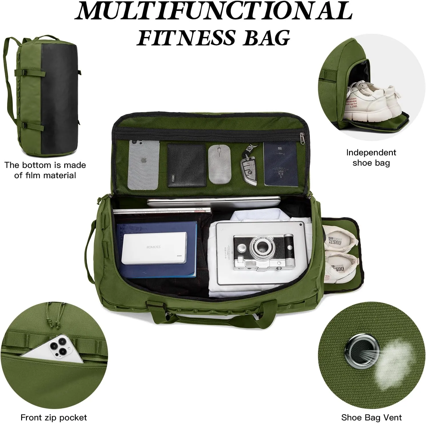 Lyweem Sports Gym Bag Men - Large 60L Tactical Travel Duffle Bag with Shoe Compartment Women, Weekender Backpack, Overnight Duffel Bag, Green
