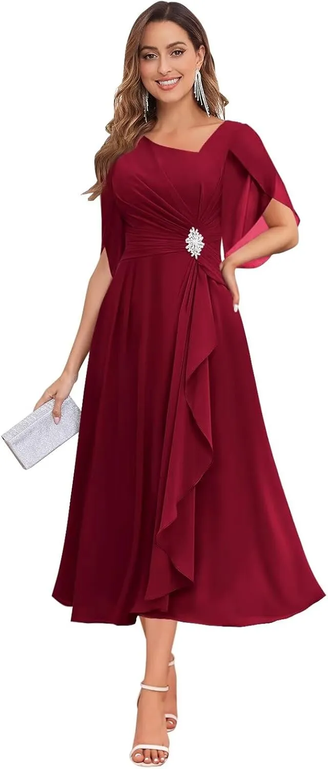 MAGGCIF Tea Length Mother of The Bride Dresses for Women with Sleeves Beaded Chiffon Ruffle A Line Evening Formal Dress