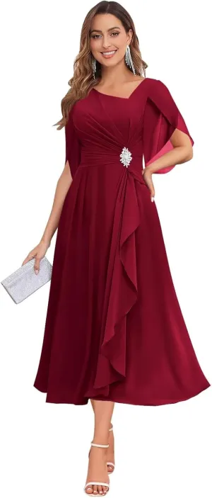 MAGGCIF Tea Length Mother of The Bride Dresses for Women with Sleeves Beaded Chiffon Ruffle A Line Evening Formal Dress
