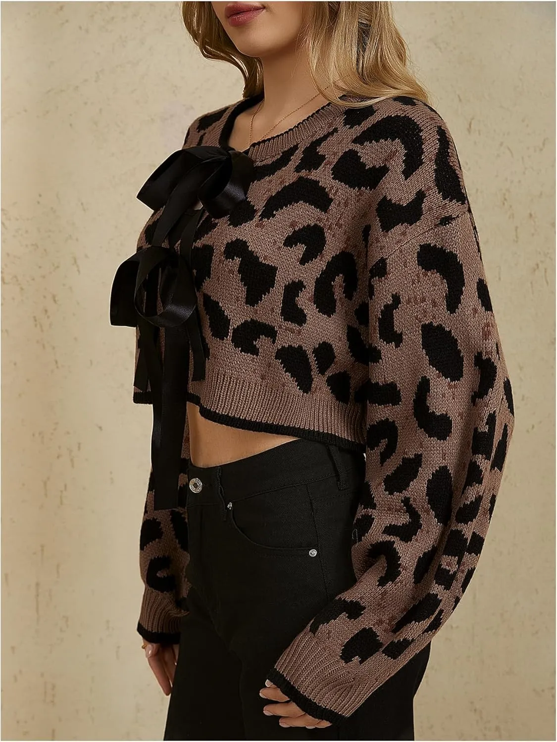 MakeMeChic Women's Leopard Print Bow Tie Front Cardigan Long Sleeve Crop Y2K Crew Neck Sweater Outerwear