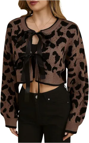 MakeMeChic Women's Leopard Print Bow Tie Front Cardigan Long Sleeve Crop Y2K Crew Neck Sweater Outerwear