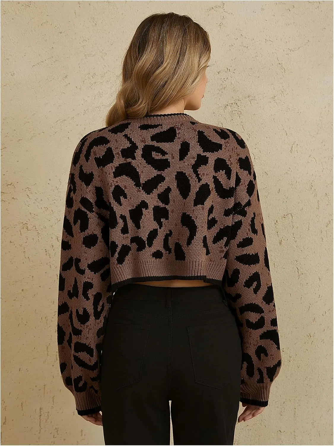 MakeMeChic Women's Leopard Print Bow Tie Front Cardigan Long Sleeve Crop Y2K Crew Neck Sweater Outerwear