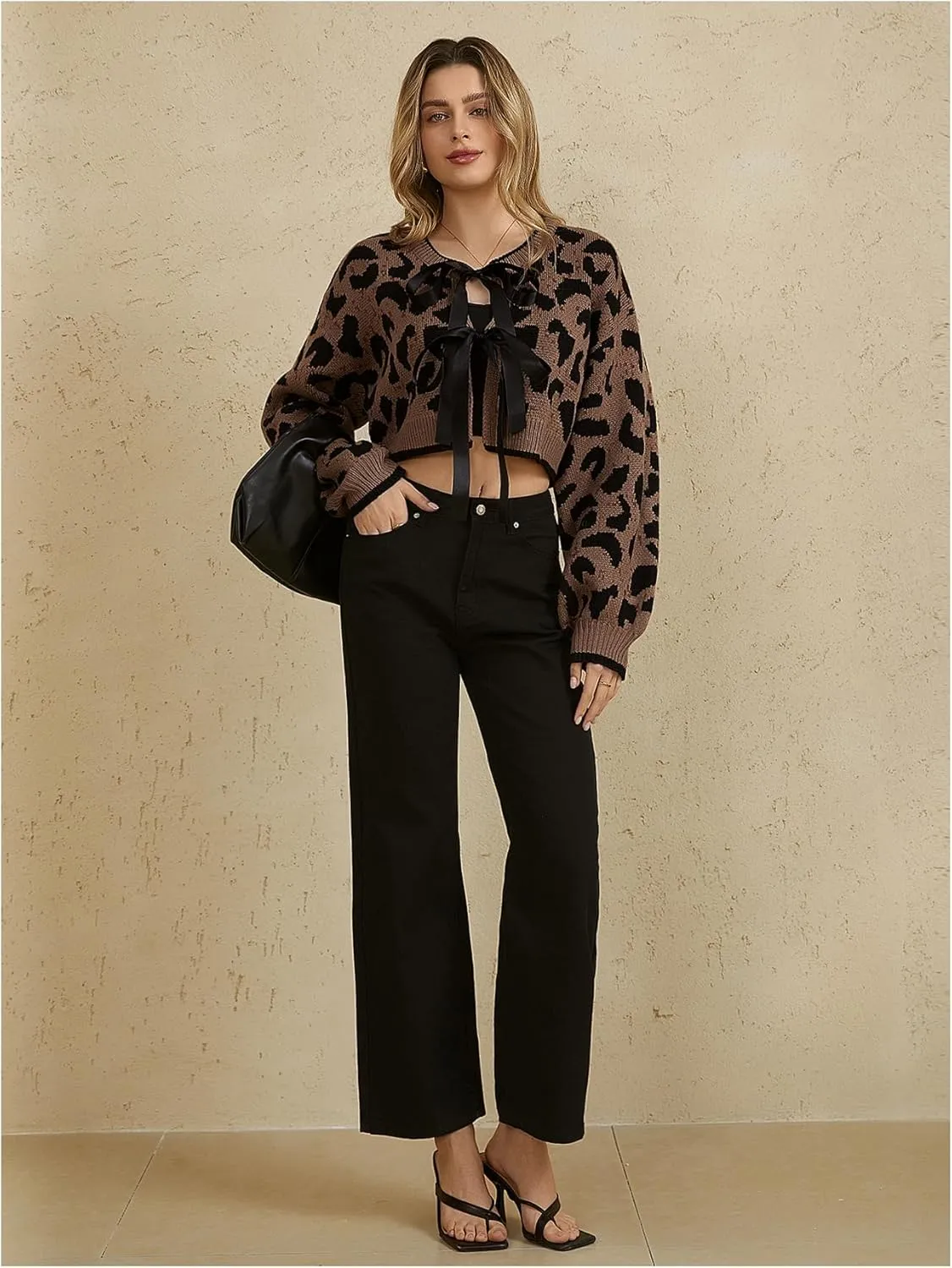 MakeMeChic Women's Leopard Print Bow Tie Front Cardigan Long Sleeve Crop Y2K Crew Neck Sweater Outerwear