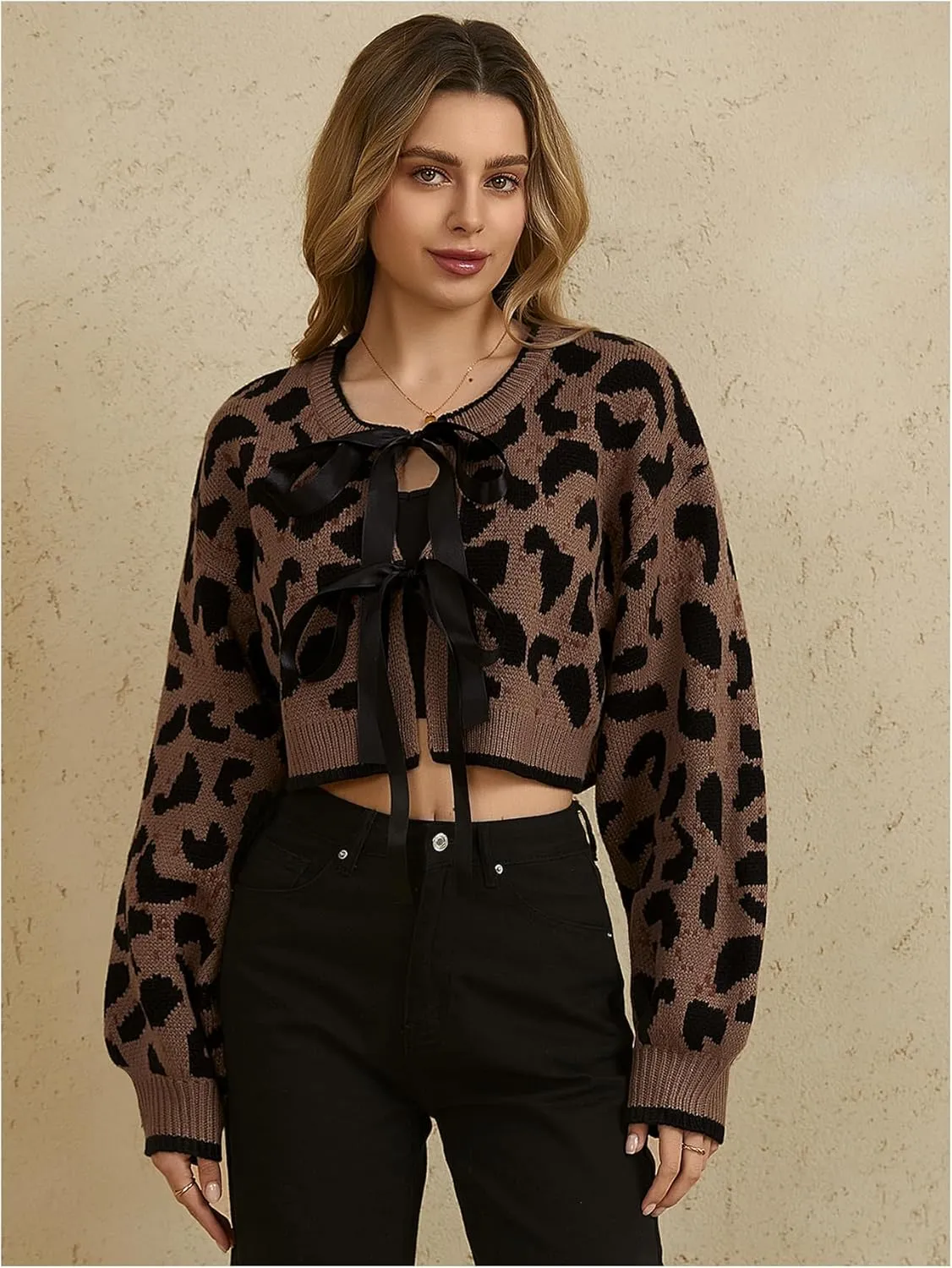 MakeMeChic Women's Leopard Print Bow Tie Front Cardigan Long Sleeve Crop Y2K Crew Neck Sweater Outerwear