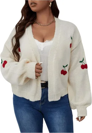 MakeMeChic Women's Plus Size Embroidery Cardigan Open Front Lantern Sleeve Cardigan Sweater Drop Shoulder Crop Cute Outerwear