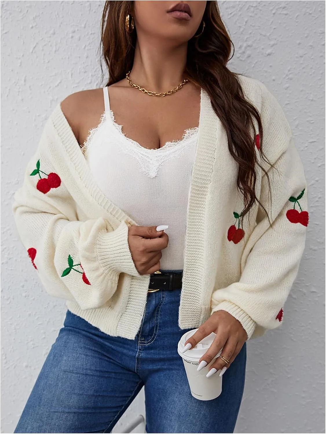 MakeMeChic Women's Plus Size Embroidery Cardigan Open Front Lantern Sleeve Cardigan Sweater Drop Shoulder Crop Cute Outerwear